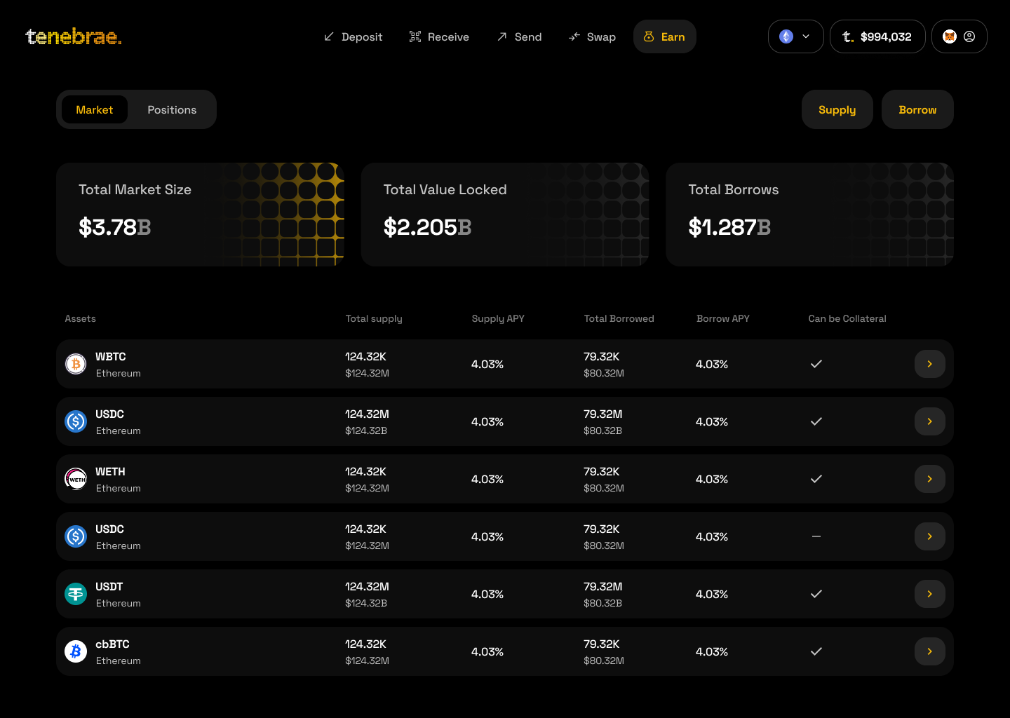 Earn markets interface preview